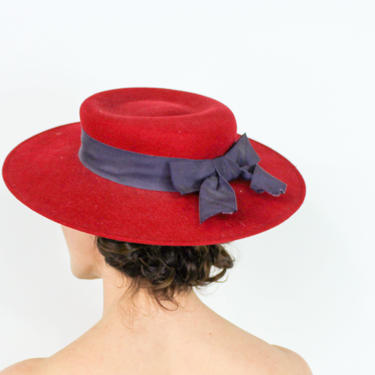 1980s Red Wide Brim Hat | Red Wool Saucer Hat | Liz Claiborne 