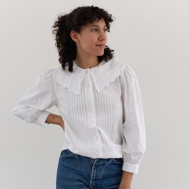 Vintage White Statement Collar Shirt | Folk Blouse | Cotton Puff Sleeve Top | Romantic | S | CA026 