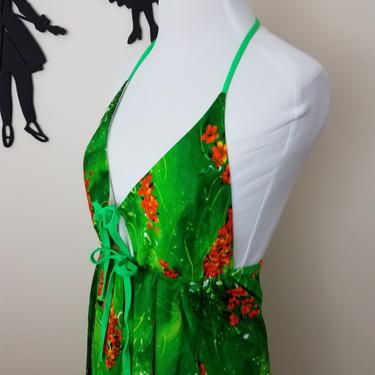 Vintage 1960's Maxi Dress / 60s Neon Green Backless Dress XS/S 
