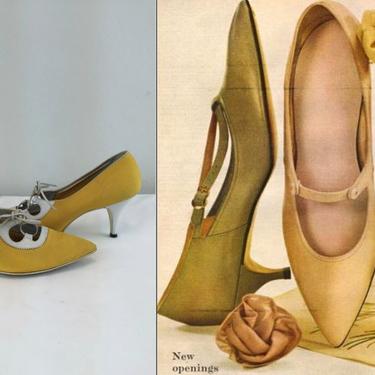Fall Into Colours - Vintage 1950s 1960s Golden Yellow Canvas & White Leather Lace Up Heels Shoes - 7AA 