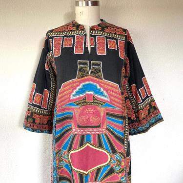 1970s Embroidered Aztec print caftan dress 