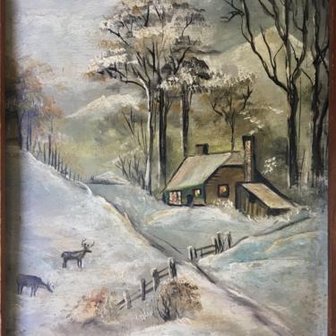 Vintage Winter Landscape With Cabin And Deer, Cottage Farmhouse Decor, Small Unsigned Original Art, Winter Scene 