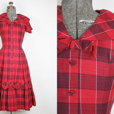 1950's Black and Red Plaid Party Dress / Size Small Medium 