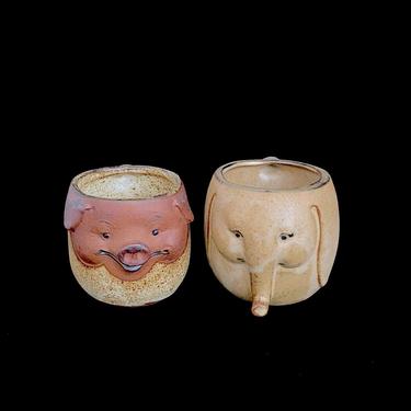 Vintage Mid Century Modern 1970s Japan Stoneware Pottery Whimsical Collection Set of 2 Animal DEMITASSE Cups Elephant and Pig UCTCI Japanese 