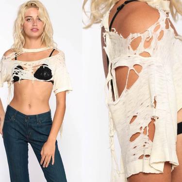 Vintage Shredded Tshirt Destroyed Shirt Ripped Tee Shirt 80s Grunge Punk Rock Distressed Sheer T Shirt Off White 1980s Extra Small xs 