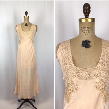 Vintage 30s nightgown | Vintage pink silk lace nightdress | 1930s full length bias cut negligee 
