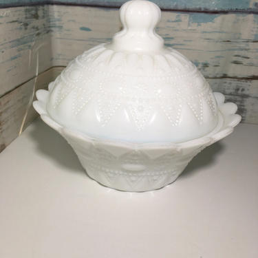 Kemple Milk Glass covered dish &amp;quot;Lace and Dewdrop&amp;quot; Pattern by JoyfulHeartReclaimed