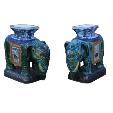 Pair Ceramic Handmade Chinese Green Blue Oriental Elephant Figures cs3622E 