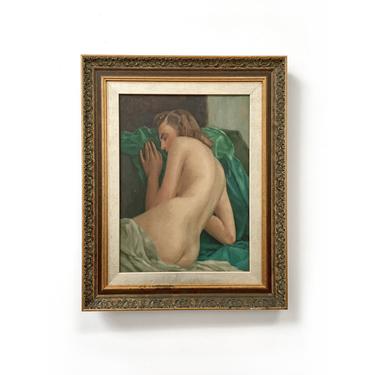 Vintage Sleeping Woman Nude Painting Oil Linen Mid Century Portrait Framed 