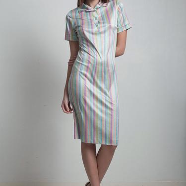 vintage 70s polo shirt dress shiny slinky pastel stripes short sleeves knee length EXTRA Small XS Small S 