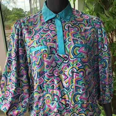80's DIANE FREIS 100% Silk Designer Collared Blouse Flowy Sleeves and Colorful Abstract Geometric Pattern 