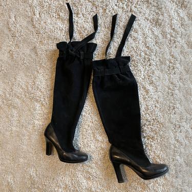 Black &amp;quot;Paper Bag&amp;quot; Boots • Vintage Slouch • Scrunch • Sexy Couture Suede + Smooth Leather with Drawstring Top • EU 36-1/2 6.5 • Italy Italian 