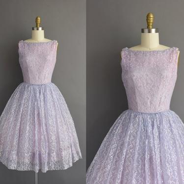 1950s vintage dress | Gorgeous Silver Metallic Lavender Lace Full Skirt Cocktail Party Dress | XS Small | 50s dress 