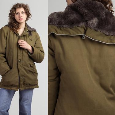 60s Split Zip Hood Parka Jacket - Men's Medium, Women's Large | Vintage Olive Drab Button Up Coat 
