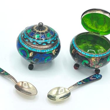 Antique Pair (2) silver enamel Indian Salt Cellar Hinged Lid Matching spoon, green, blue, yellow, purple   Mughal style 