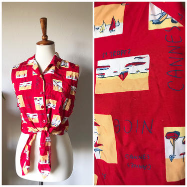 Vintage red VACATION in Cannes / St Tropez / Nice button up tie front crop top size med to large 