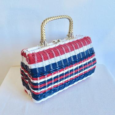 Vintage 1960's Red White and Blue Woven Wicker Purse Plastic Coated Gold Metal Handles Hardware Mod Retro 60's Handbags Dorette Hong Kong 