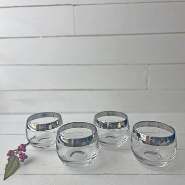 Vintage Dorothy Roly Poly Glasses, Mad Men Style | Midcentury Lowball Glasses, Silver Band, Midcentury Barware, Set of 4, Perfect Gift 