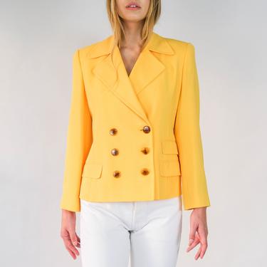 Vintage 90s Linda Allard for Ellen Tracy Daisy Yellow Cropped Double Breasted Blazer | Broad Shoulder, Large Lapel | 1990s Designer Jacket 