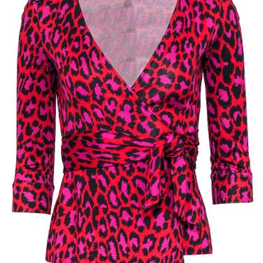 Diane von Furstenberg - Red, Pink & Black Leopard Print Silk Wrap Blouse Sz 2