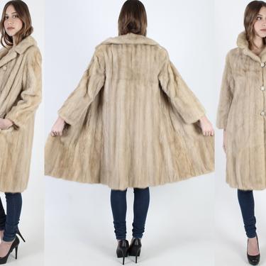 Vintage 60s Blonde Mink Coat Real Mink Fur With Fur Back Collar 1960s Real Ivory Button Up Opera Long Swing Pockets Womens Winter Jacket 