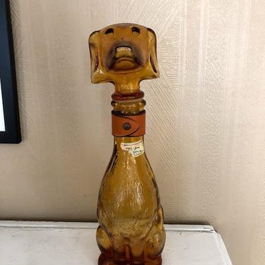 Vintage 1960s Dog Decanter Amber Glass with Leather Collar 