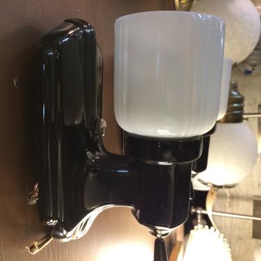 1920s Black Porcelain Bath Sconce with Milk Glass Cone Shade.