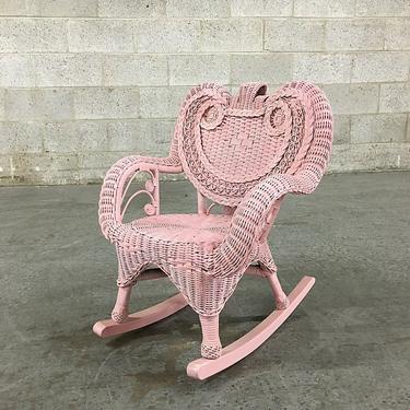 LOCAL PICKUP ONLY Vintage Rocking Chair Retro 1980s Pink + Heart Shaped Woven Wicker Rocker for Children + Indoor + Outdoor + Patio Chair 