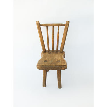 Vintage Primitive Hand-Carved Solid Wood 4-Legged  Childrens Chair 