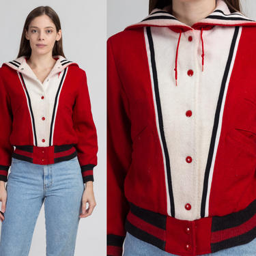 60s Red &amp; White Cropped Letterman Jacket - Extra Small | Vintage Hooded Wool Varsity Snap Button Coat 