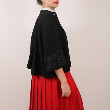60s Wool Capelet/ Vintage Black Cape/ Sixties Victorian Style Jacket with Bell Sleeves/ Draped Jacket with Statement Sleeve/ size Medium 