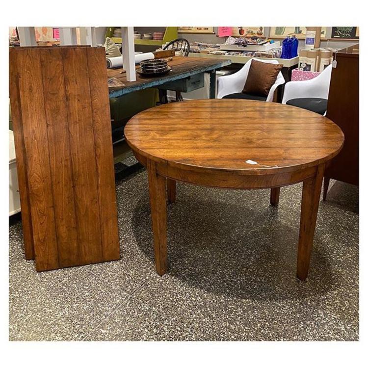 Classic style Guy Chaddock round table with two leaves / fruitwood 48” round / 29” tall / leaves 18” wide 
