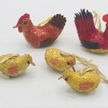 Vintage (5) PC Rare Chinese Wicker Chicken Rooster and Chicks hanging  Ornaments--Easter Decoration 