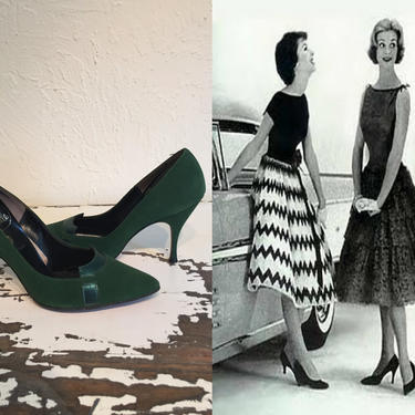 Gaggling Gossips - Vintage 1950s Dark Green Nubuck &amp; Metallic Leather Heels Pumps Shoes - 6B 