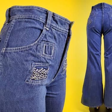1970s bell bottom jeans with braided railroad stripe denim details. Size 30 × 34 
