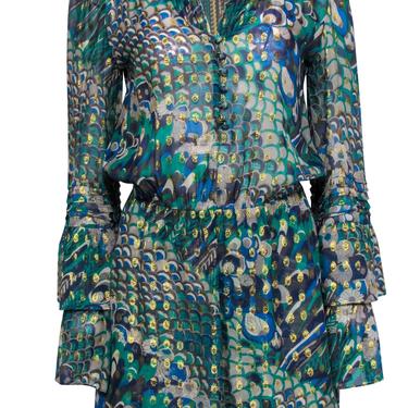 Parker - Green, Blue & Gold Bohemian Print Bell Sleeve Silk Dress Sz S