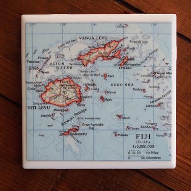 1971 Fiji Vintage Map Coaster - Ceramic Tile - Repurposed 1970s Times Atlas - Handmade - South Pacific - Fijian - Oceania 