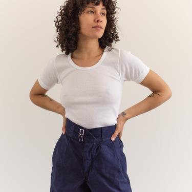 Vintage 25 Waist Pleat Blue Twill Chino Shorts | Italy Belted High Rise Workwear | Button Fly | SB021 