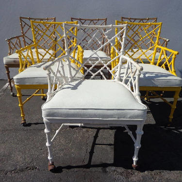 Set of Chairs Chinese Chippendale Phyllis Morris Faux Bamboo Dining Armchairs Patio Hollywood Regency Boho Chic Vintage Bohemian Peacock 