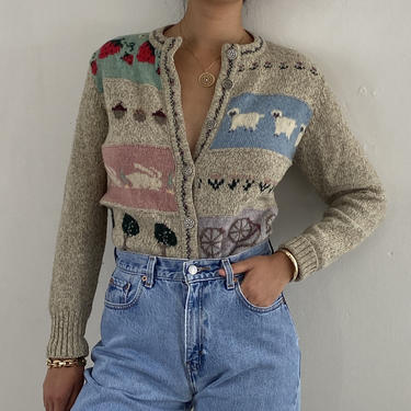 80s hand knit strawberry scenic wool button front sweater / vintage rag wool sheep bunny landscape fair isle cardigan sweater | S 