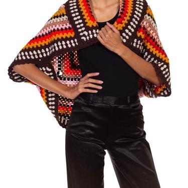 1970S Multicolor Wool Blend Crochet Shawl 