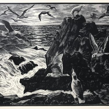 Leo J Meissner “Sea Gulls” Monhegan Island Woodcut Print 1936 American Artists Group Free Shipping 