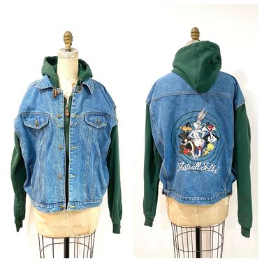 80s Looney Tunes denim jacket with attached hoodie 