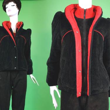 Vintage 80s corduroy jacket. Puff shoulders. Red & black. By Collections. (Size S) 