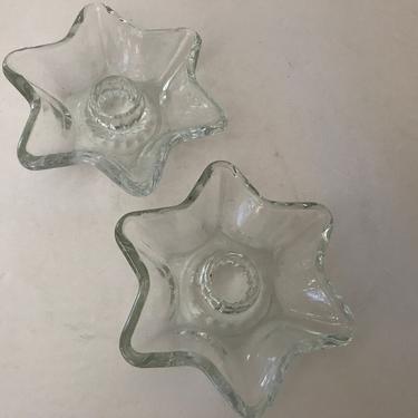 Vintage pair of  star shaped glass candle holders- atomic round corners 