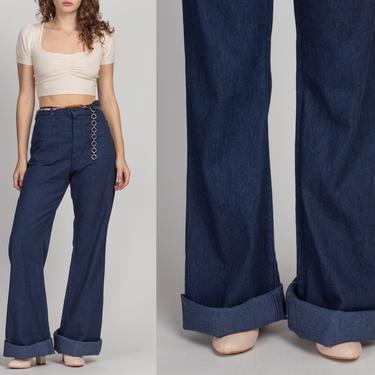 70s Flared Denim Sailor Pants - Men's Medium, Women's Large | Vintage High Waisted Long Inseam Navy Dark Wash Blue Jeans 