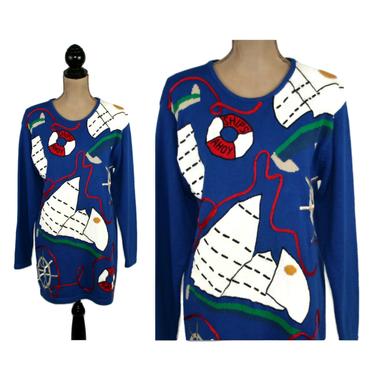 80s Novelty Sweater Medium, Cotton Knit Long Tunic, Royal Blue Pullover, 1980s Clothes Women, Vintage Clothing from Richard and Company 
