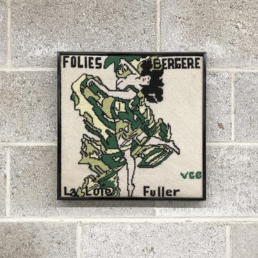 Vintage Needlepoint Art Retro 1970s Size 16x16 Homemade Folies Bergere La Loie Fuller + Paris Cabaret Dancer + Metal Frame + Fiber Wall Art 