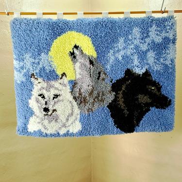 Vintage Handmade Wolf Pack Latch Hook Rug or Tapestry with Three Wolves Howling, Unique Wall Hanging, Quirky Kitsch Home Decor, Dorm Decor 