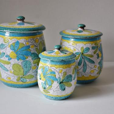 Vintage Italian Pottery Canister Set, Jars with Lids in Blue and Lemon Yellow Floral, Made in Italy 